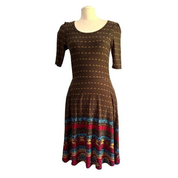 LuLaRoe Nicole Brown Aztec Print Fit and Flare Dress Sz Medium Womens Brown Boho - Picture 7 of 8